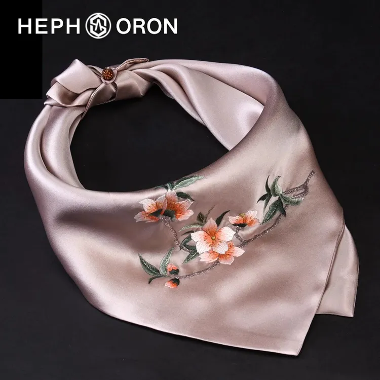 HEPHSORON苏绣丝巾礼盒送妈妈咖色刺绣薄款披肩桑蚕丝真丝围巾