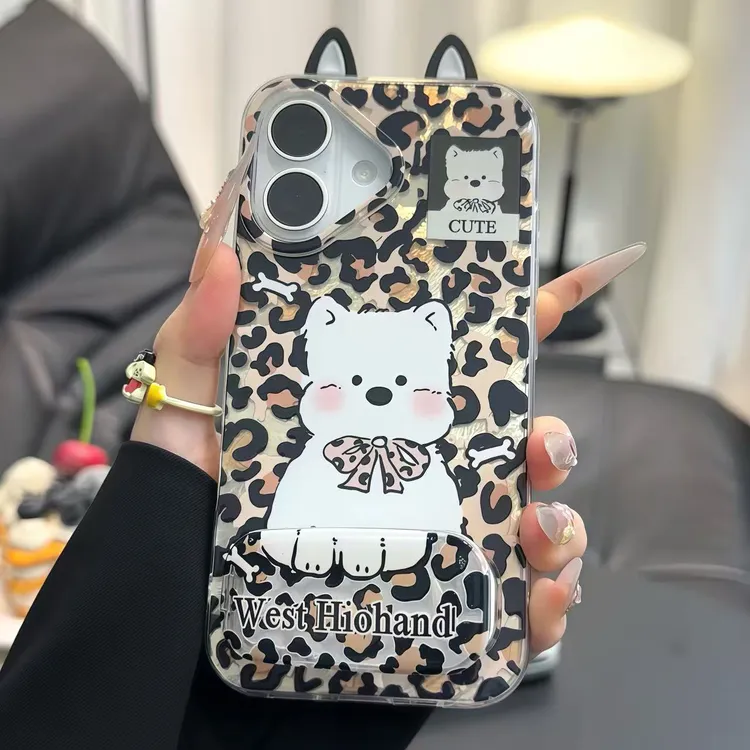 豹纹cute小狗耳朵支架适用苹果16手机壳iPhone14华为vivo小米oppo