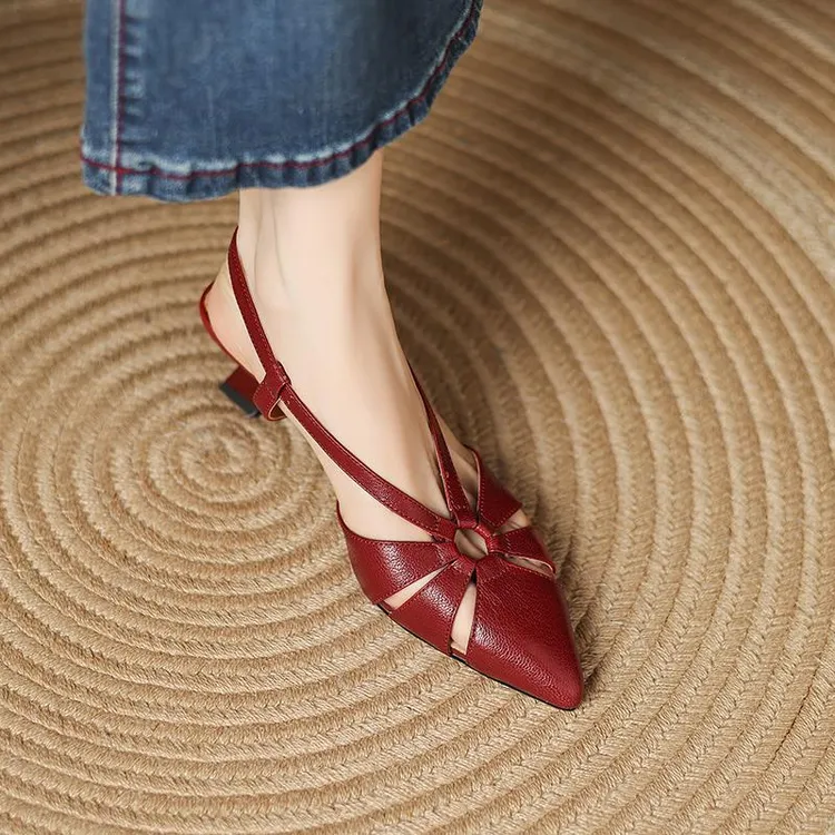 头层羊皮尖头细跟包头凉鞋2025夏季新款镂空一字带气质高跟鞋单鞋