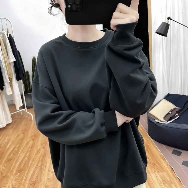 春秋款圆领灰色卫衣女士外套大码微胖mm百搭新款遮肚子藏肉上衣服