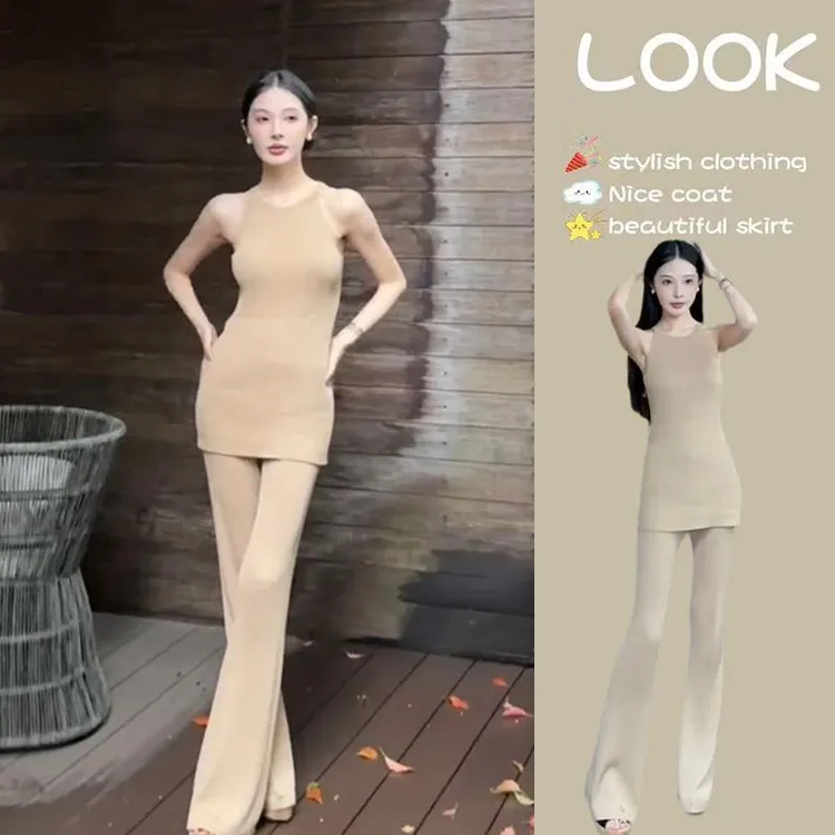 纯欲辣妹针织套装女显瘦气质上衣微喇长裤两件套2025夏季新款女装