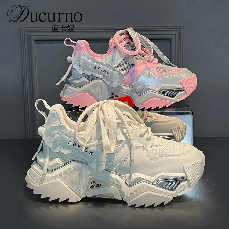 DUCURNO2025新款春季真皮厚底老爹鞋女拼接撞色爆款炸街增高休闲