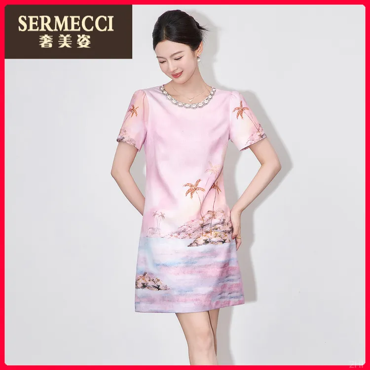 奢美姿轻奢气质印花连衣裙显瘦名媛小个子裙子2025年夏季新款