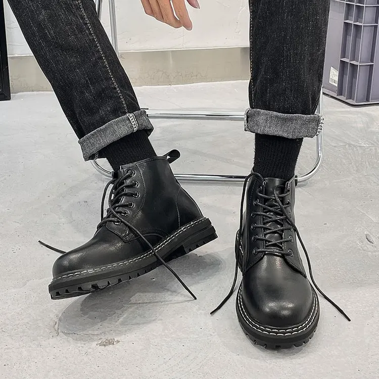 马丁靴男英伦风中筒增高秋季帅气工装切尔西靴透气黑色高筒皮鞋潮