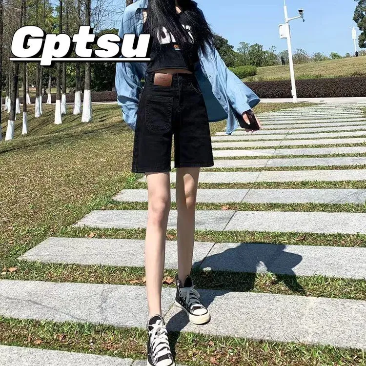 GPTSu牛仔裤薄款夏季黑色五分牛仔短裤女新款高腰显瘦宽松阔腿裤