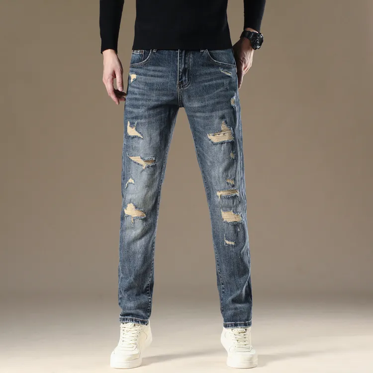 秋季破洞补丁牛仔裤男弹力修身小直筒刮烂乞丐潮流设计感爆款高端