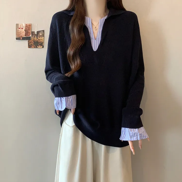 大码女装撞色拼接V领正肩假两件针织衫秋季胖mm宽松显瘦长袖上衣