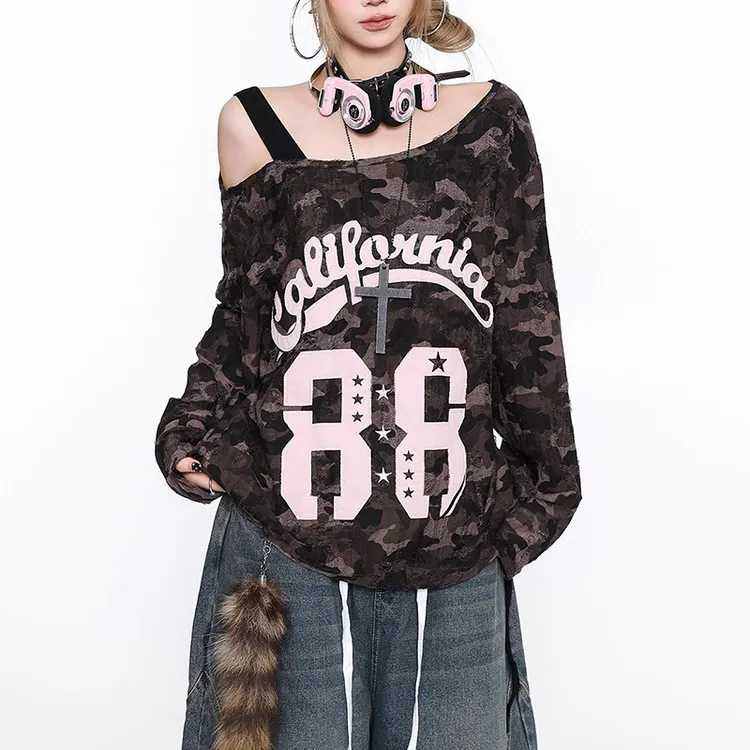 长袖印花小众宽松斜肩抽绳上衣潮设计感美式复古露肩辣妹罩衫女