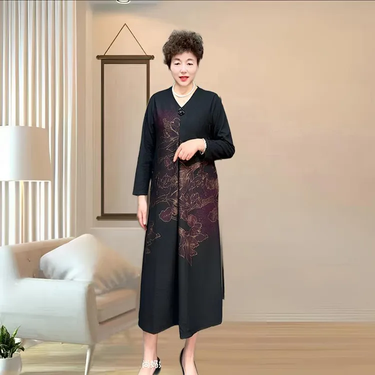 秋季新款时尚气质V领色织重磅提花连衣裙宽松显瘦高弹力妈妈装女
