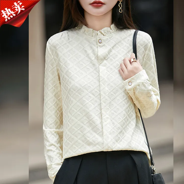 2025新款时尚双色爱心木耳领长袖衬衫欧若风内搭保暖打底衫秋冬