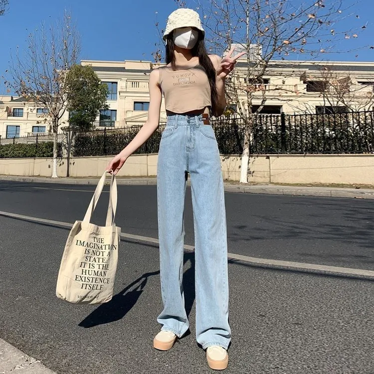 浅色直筒牛仔裤女夏季薄款高街新款双扣高腰宽松显瘦拖地阔腿裤潮