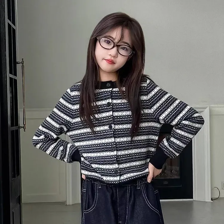 女童毛衣开衫春秋2025新款儿童条纹上衣韩版中大童针织毛线衣洋气