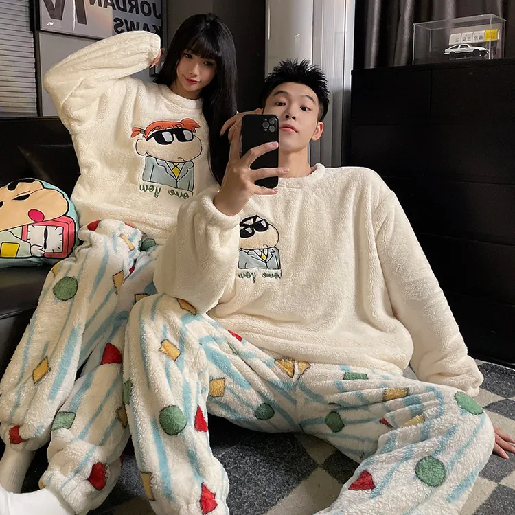 蜡笔小新情侣睡衣女秋冬季珊瑚绒加绒2025新款卡通男士加厚家居服