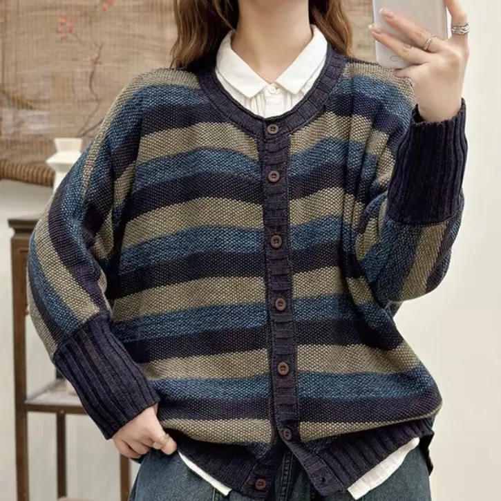 2025复古毛针织衫秋季毛衣圆领长袖宽松百搭韩版时尚拼色针织女