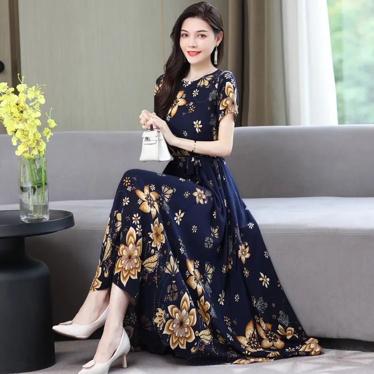 妈妈棉绸连衣裙民族风长裙中老年女夏装人造棉修身大摆裙短袖裙子