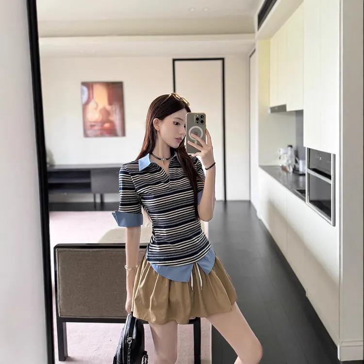 套装显瘦高腰短款夏季不规则设计感polo翻领撞色气质时尚百搭女装