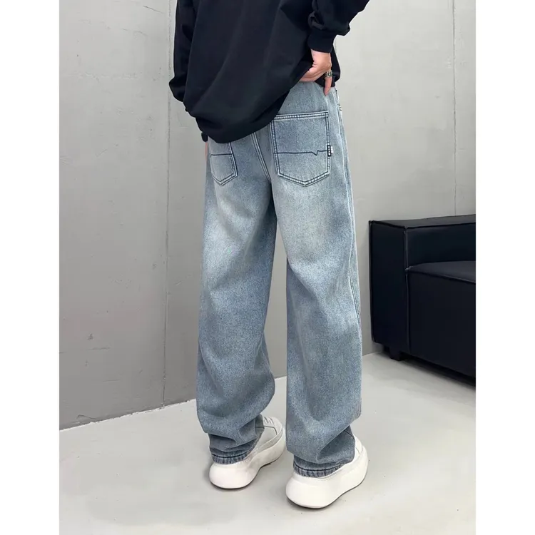 5229浅蓝直筒加绒牛仔裤男式水洗休闲美式复古宽松新款保暖奥利绒