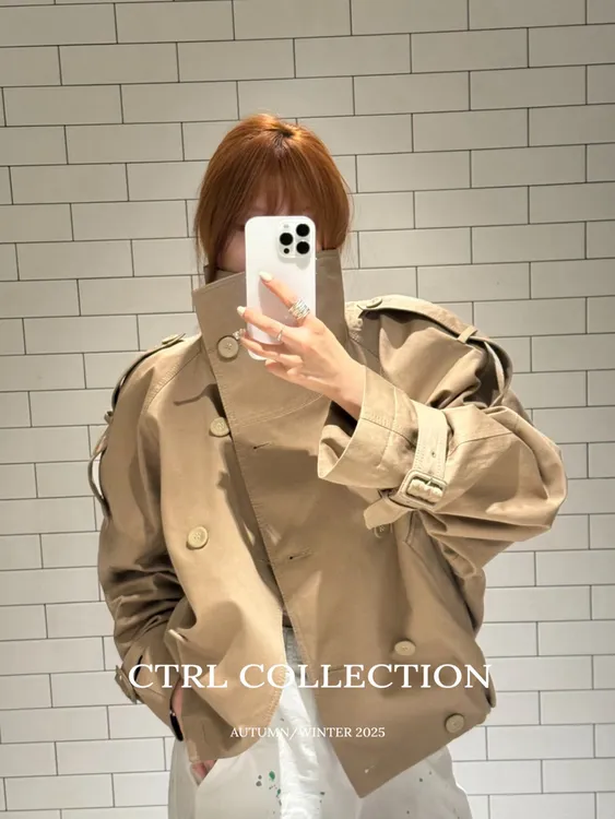 CTRL~1折入*25AW斜立领双排扣下摆收腰褶皱美拉德短款风衣夹克