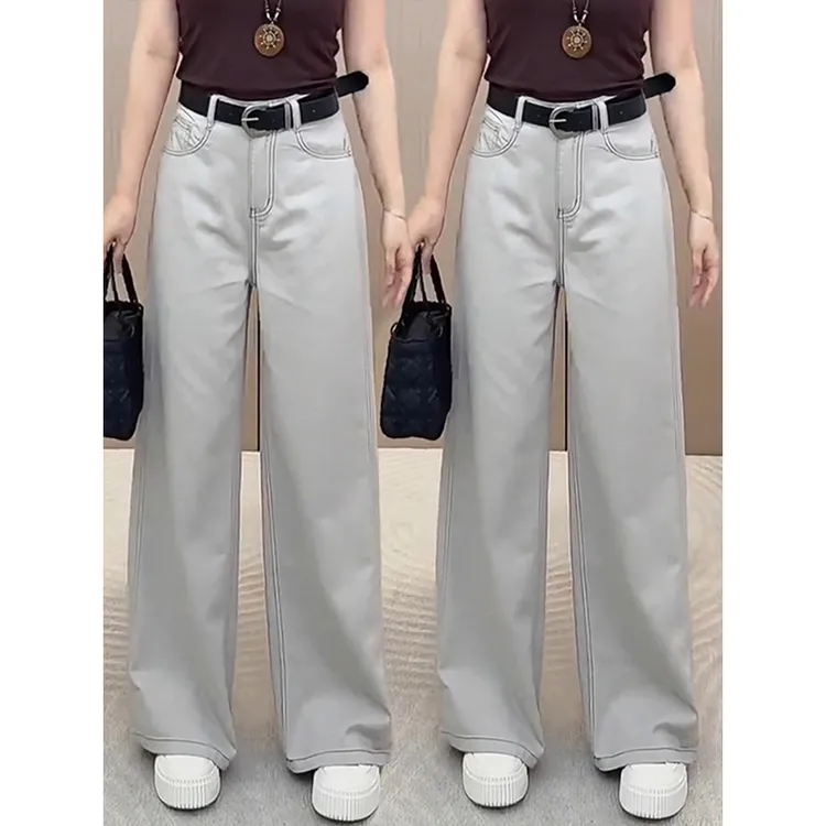 拉夏贝尔阔腿牛仔裤女春秋季2025年新款高腰宽松休闲窄版直筒裤子