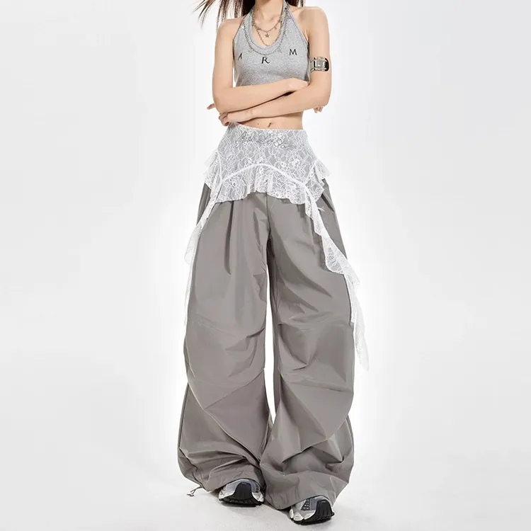 好质量2025新款夏季白色蕾丝潮流宽松时尚假两件阔腿工装长裤女潮