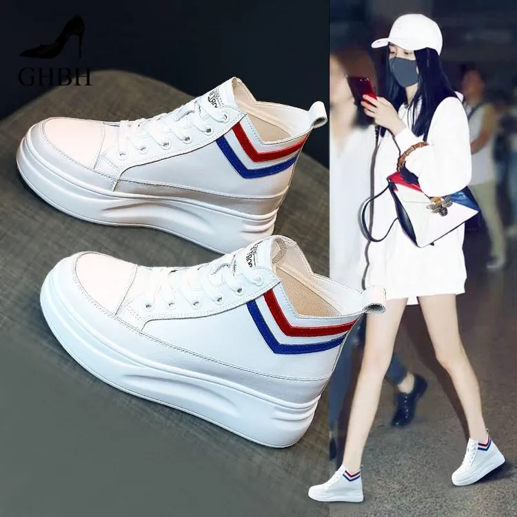 杨幂真皮内增高小白鞋女2025秋冬新款韩版百搭厚底8cm爆款高帮鞋