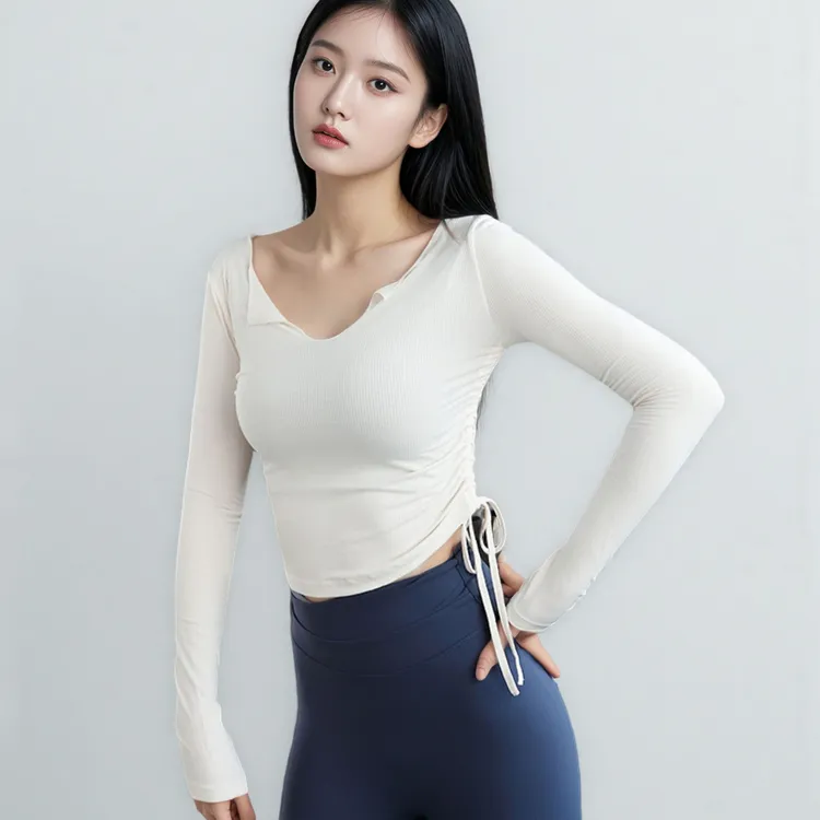 侧面下摆抽绳收腰运动长袖女大V波纹领口速干吸湿排汗健身瑜伽T恤
