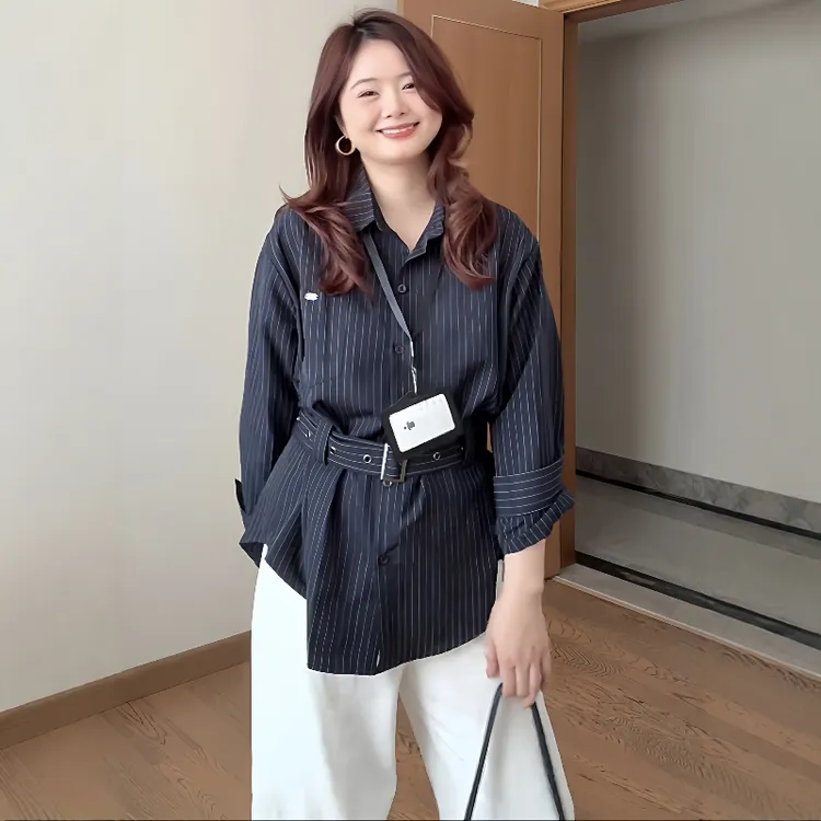 大码女装胖mm韩系翻领单排扣条纹收腰长袖衬衫2025秋季显瘦上衣