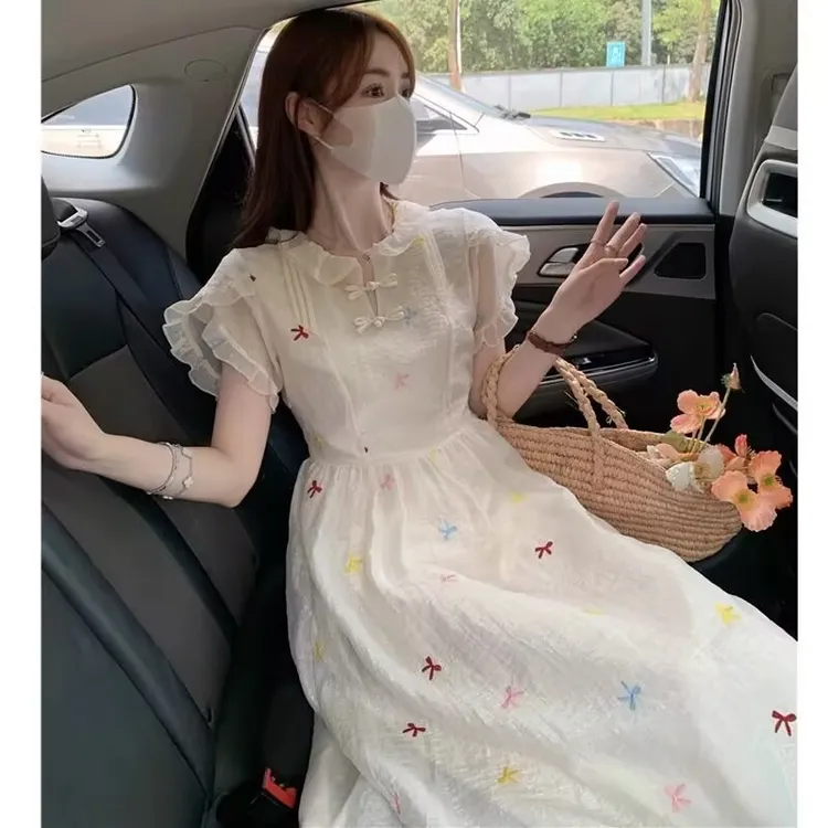 新中式学院风连衣裙少女夏装初中高中学生超仙森系收腰过膝长裙子