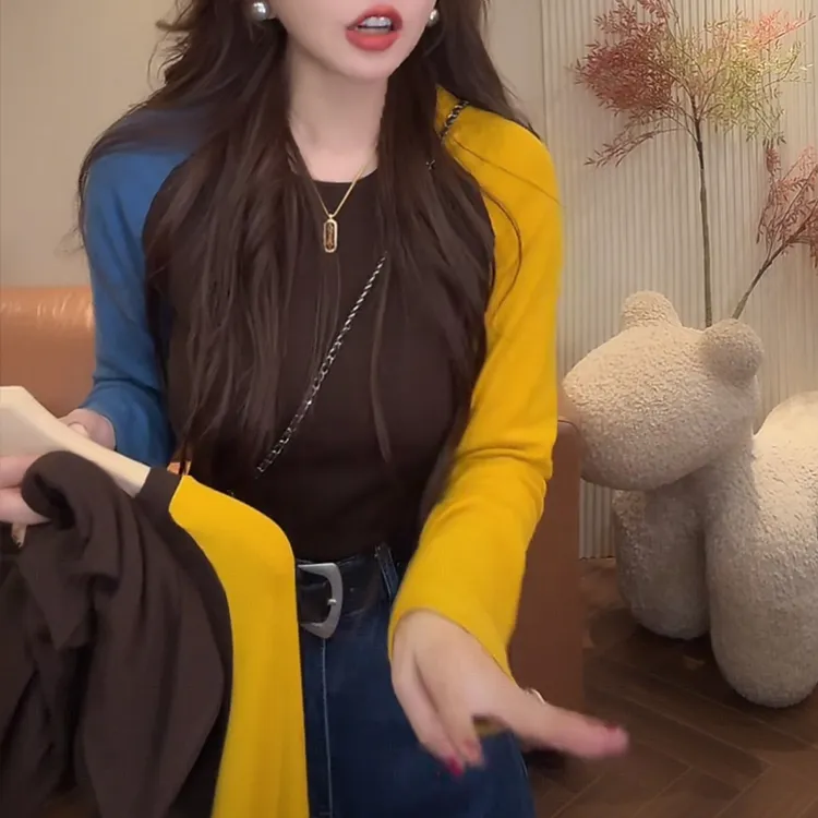 今年流行小众女装韩系拼接显瘦百搭长袖打底衫上衣洋气减龄显瘦Y