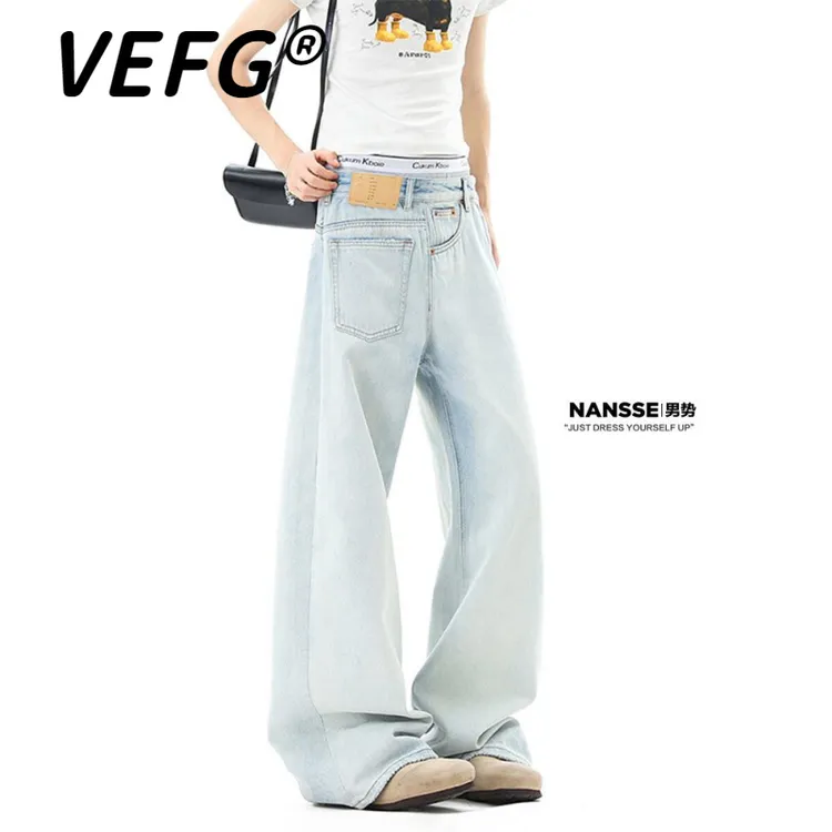 VEFG美式蓝色水洗牛仔裤子春秋季潮牌小众宽松设计感微喇直筒长裤