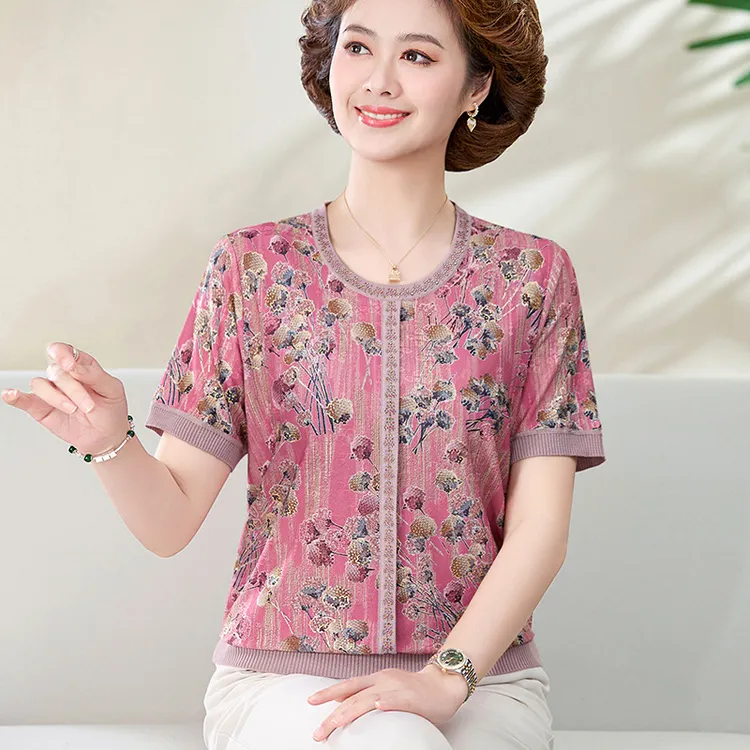 俞兆林妈妈装夏装短袖时尚T恤中老年人衣服女老太太弹力冰丝小衫