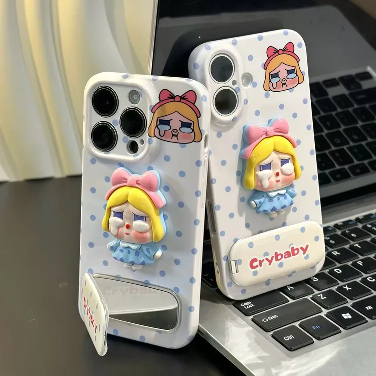 简约波点立体哭娃适用苹果16支架手机壳华为P70vivo小米15oppo套