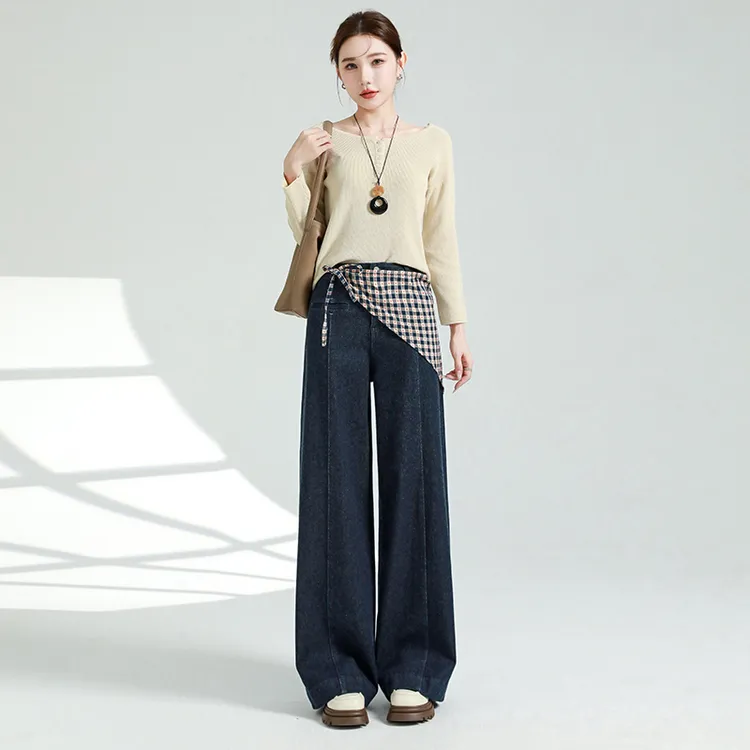 羊毛混纺直筒阔腿裤秋季时尚设计感百搭高腰休闲显瘦牛仔裤裤子