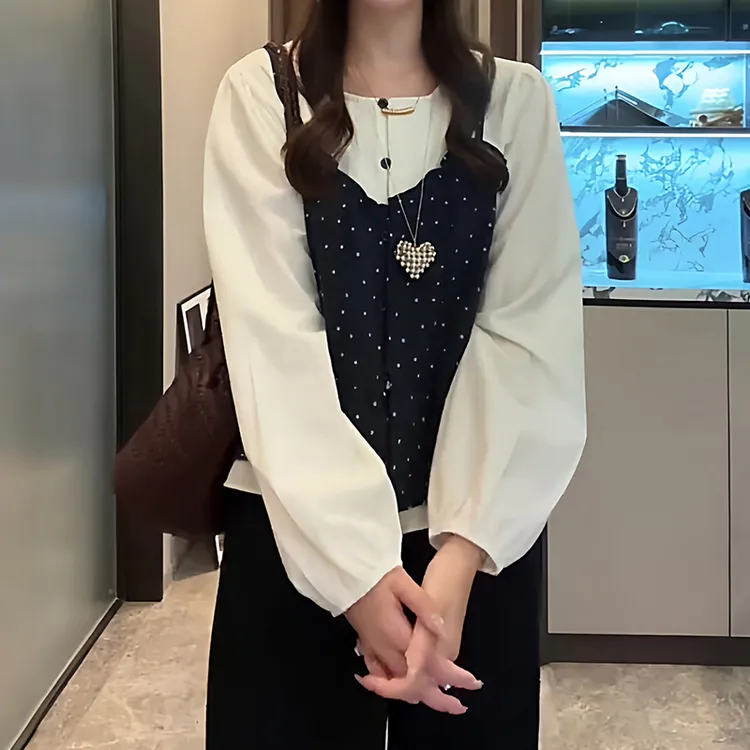 韩系秋季假两件长袖衬衫女款2025新款设计感小众别致减龄漂亮上衣