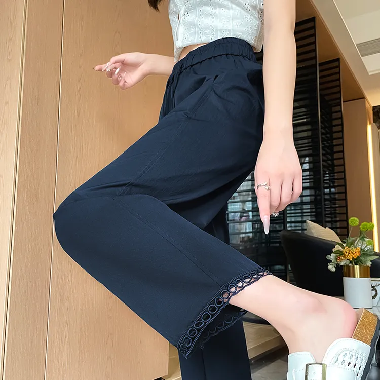 冰丝镂空花边阔腿裤女2025夏季薄款宽松显瘦小个子休闲直筒九分裤