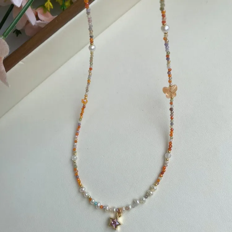 2mm极细锁骨链韩国ins风多巴胺彩色串珠天然珍珠项链蝴蝶五星吊坠
