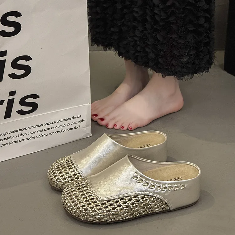 内增高包头半拖鞋女夏外穿2025新款厚底配裙子镂空编织一脚蹬凉拖