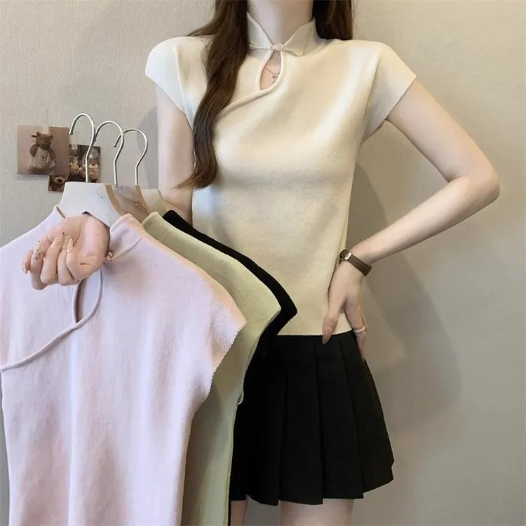 新国风盘扣立领短袖T恤女2025春夏季新款粉色韩系chic别致上衣