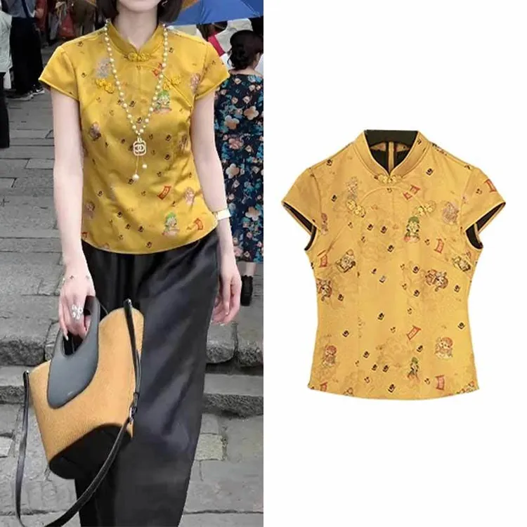 2025年夏新款新中式国风立领盘扣财神提花飞袖上衣气质百搭显瘦女