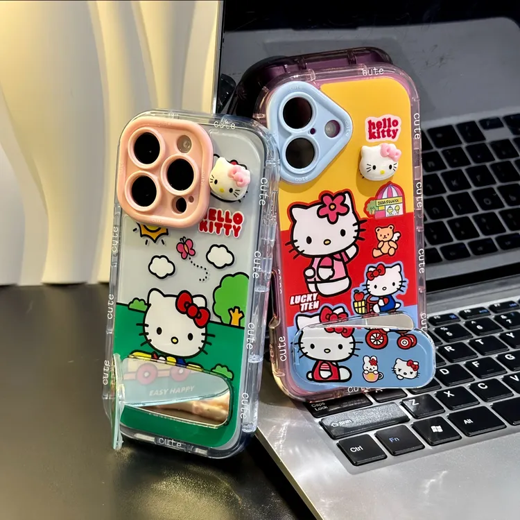 可爱卡通kitty镜面支架适用苹果16p手机壳奶油壳华为vivo小米oppo