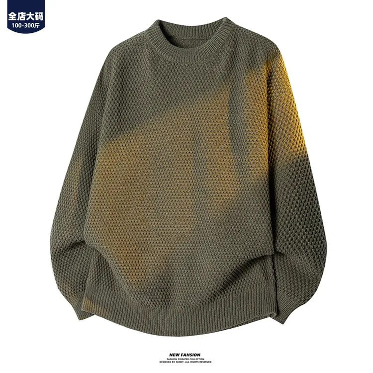 胖胖森大码美式复古菠萝纹毛衣男圆领内搭慵懒针织衫休闲百搭上衣