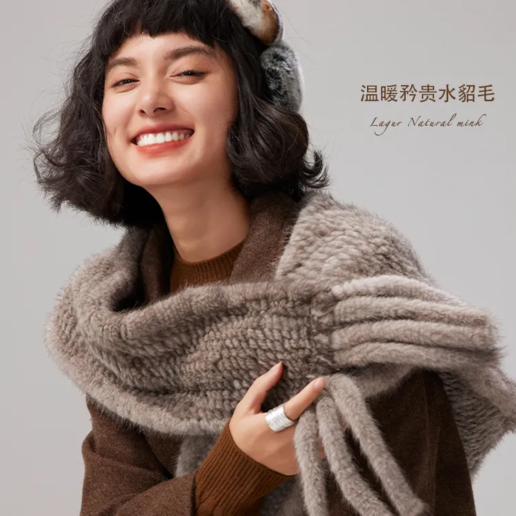 天花板~「银蓝本色貂」水貂皮草帽子围巾一体女冬季保暖时髦围脖