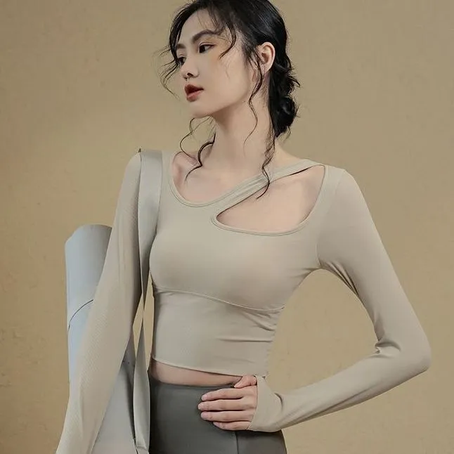 迪卡侬ins带胸垫瑜伽服长袖T恤女运动跑步健身斜肩带镂空辣妹短款