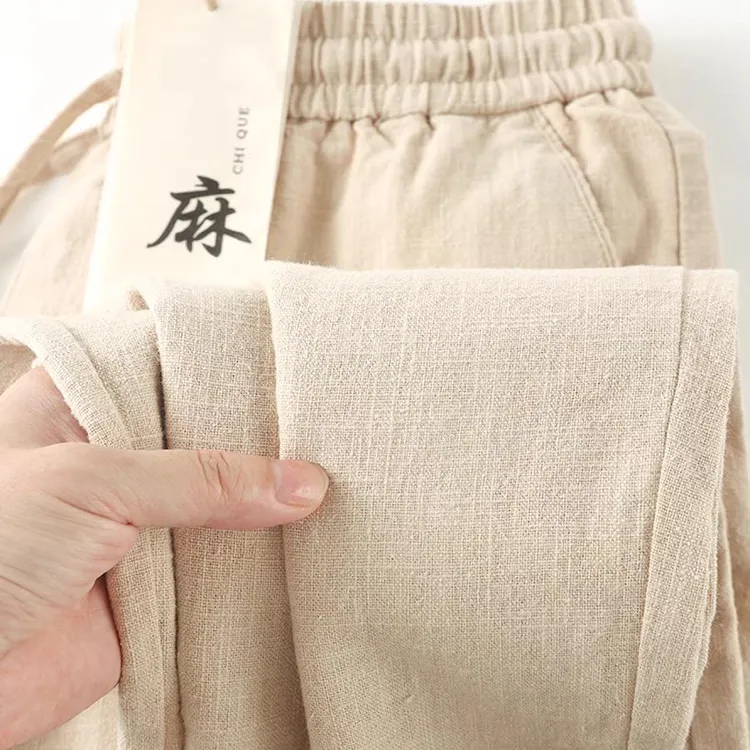 100%纯亚麻！高端卡其色长裤松紧抽绳亚麻休闲裤薄款透气长裤夏季