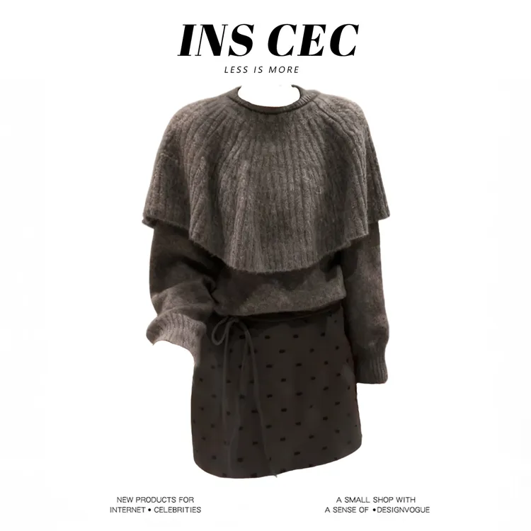 INS CEC韩系复古斗篷披肩套头毛衣女秋冬新款波点半身裙子两件套