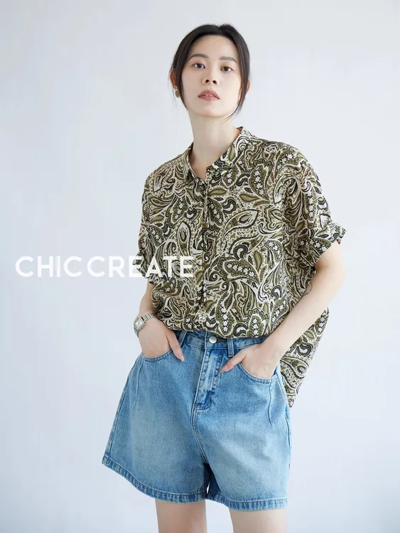 夏日风情！度假腰果花~ 宽松翻领短袖花衬衫上衣女夏
