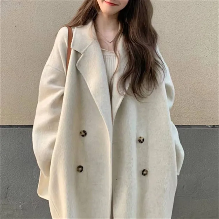2026休闲长毛双面羊绒大衣女翻领毛呢外套双排扣百搭澳洲羊毛大衣