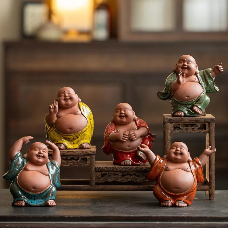 创意陶瓷五福弥勒精品茶宠摆件个性茶玩茶桌配件禅意茶空间装饰品