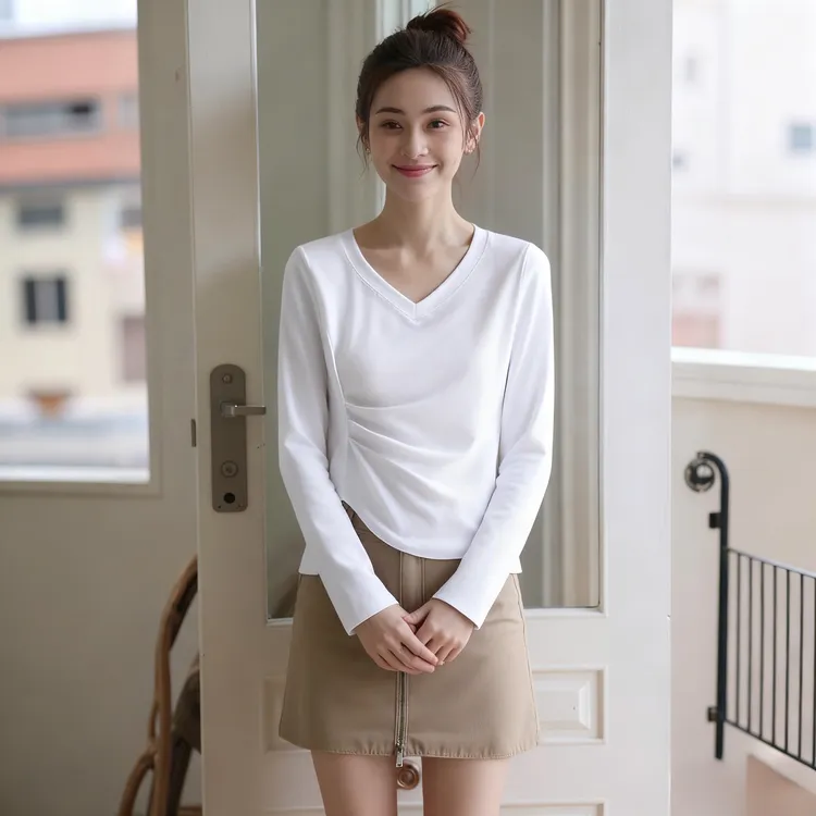 V领长袖打底衫女上衣百搭不规则褶皱早春秋季小众T恤显瘦洋气小衫