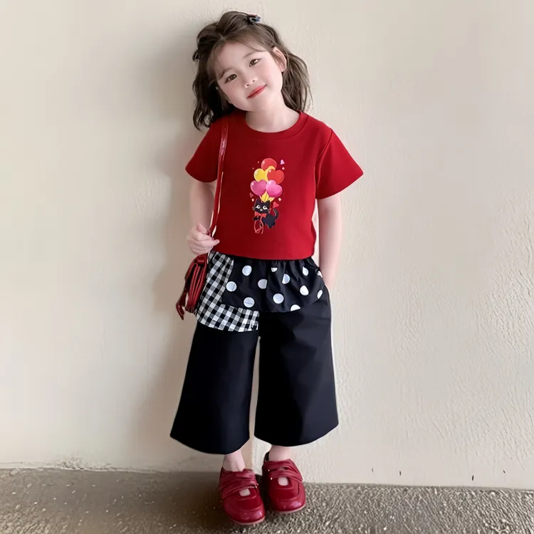 儿童休闲套装夏季女孩女童宽松透气舒适亲肤短袖卡通可爱印花时尚